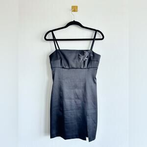 Vintage 90s Hugo Buscati Black Satin Mini Dress Dragonfly Appliqué Size 8